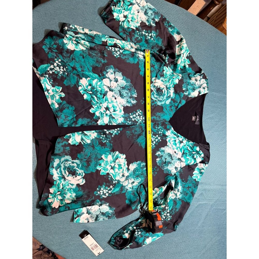 AGB Womens Floral Print Long-Sleeve Blouse Size Large Teal & Black New With Tags